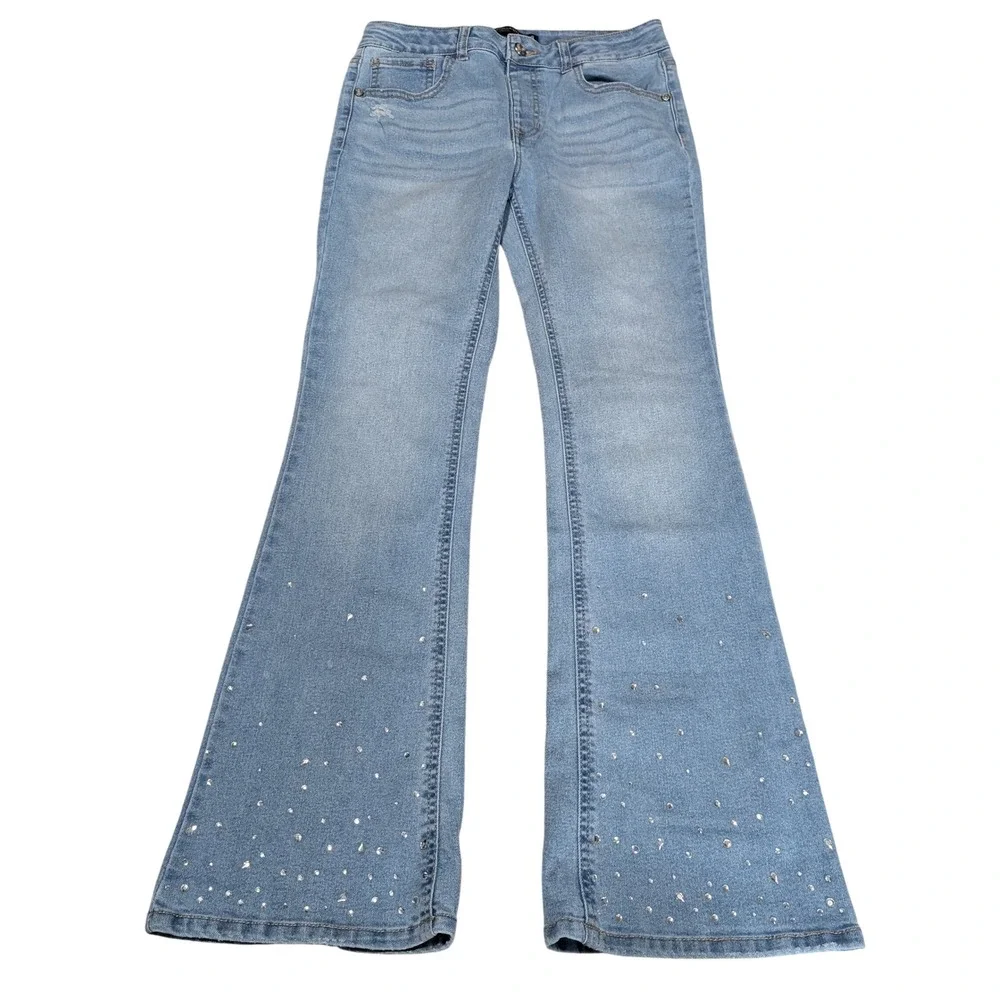 Vanilla Star Jeans Girls 14 Blue Flare Rhinestone Embellished Light Wash Denim
